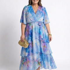 Blue watercolor print V-neck tie-waist maxi dress with layered sheer ruffles and skirt tiers