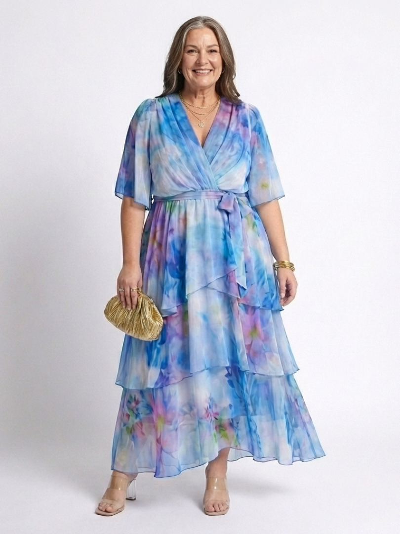 Blue watercolor print V-neck tie-waist maxi dress with layered sheer ruffles and skirt tiers