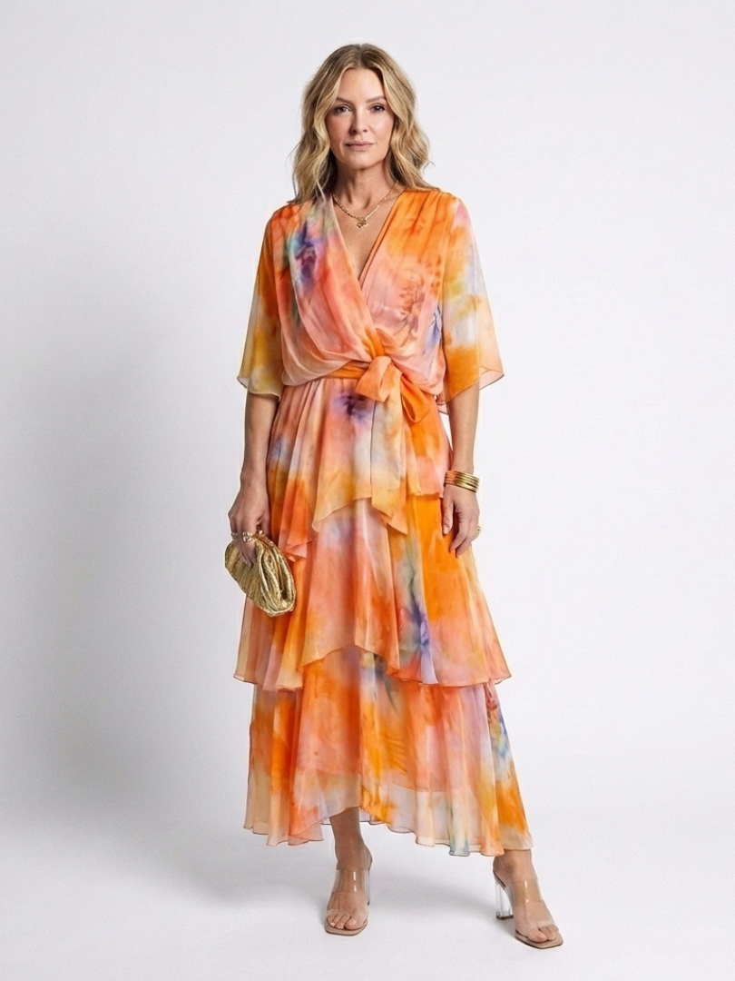 Orange watercolor print layered V-neck maxi dress with tie waist and tiered sheer ruffles