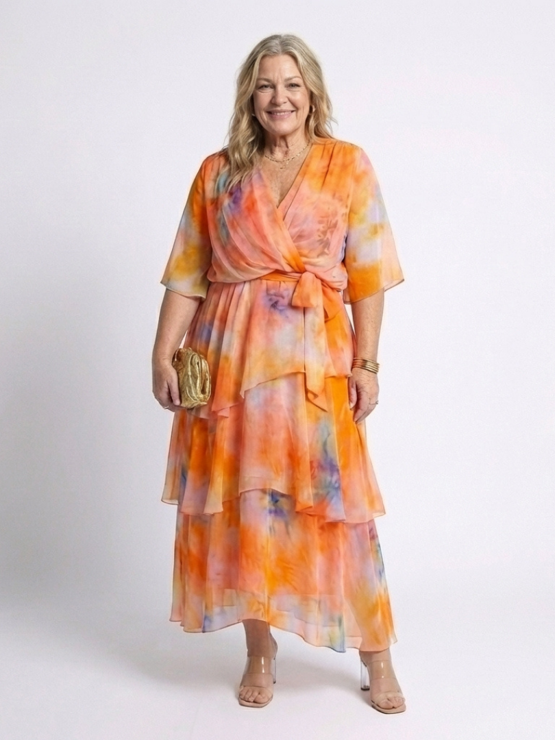Orange watercolor print V-neck tie-waist maxi dress with layered sheer ruffle tiers