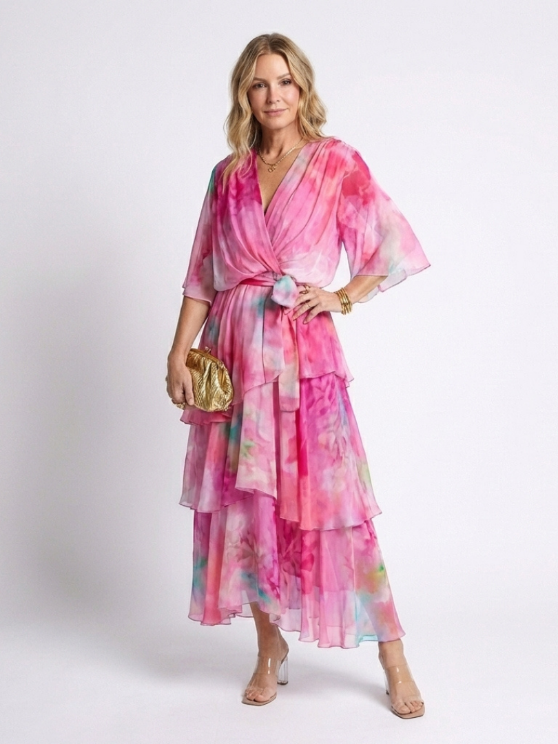 Pink watercolor print layered V-neck maxi dress with tie waist and tiered sheer skirt