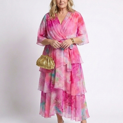 Pink watercolor print V-neck tie-waist maxi dress with layered sheer ruffles and tiers