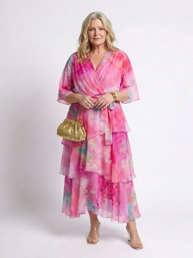 Pink watercolor print V-neck tie-waist maxi dress with layered sheer ruffles and tiers