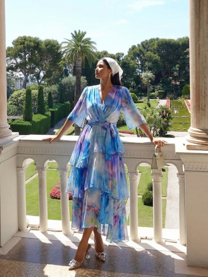 Blue watercolor print V-neck tie-waist maxi dress on a balcony, layered ruffle tiers