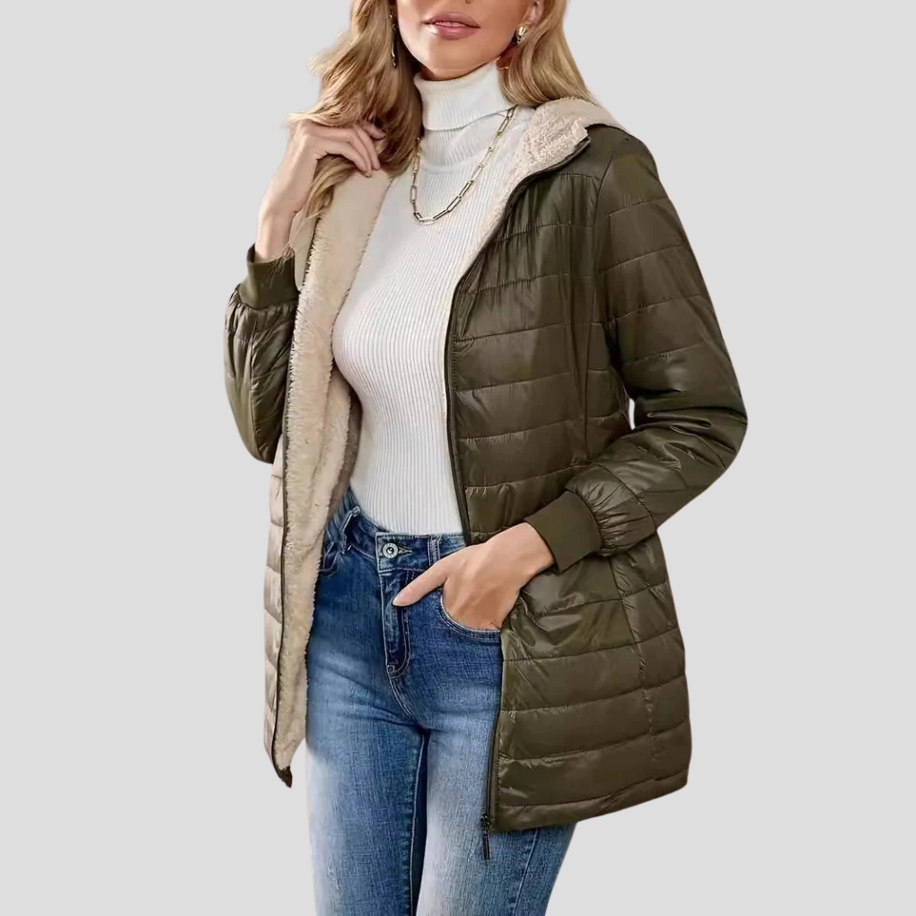 Hooded quilted puffer coat in olive with teddy-fleece lining, zip pockets, and hood.