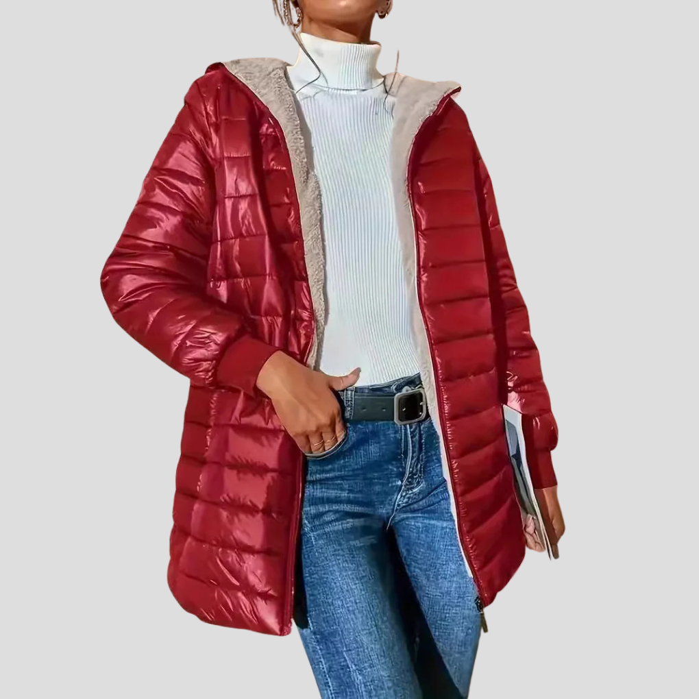 Hooded quilted puffer coat in red with teddy-fleece lining, zip pockets, and hood.