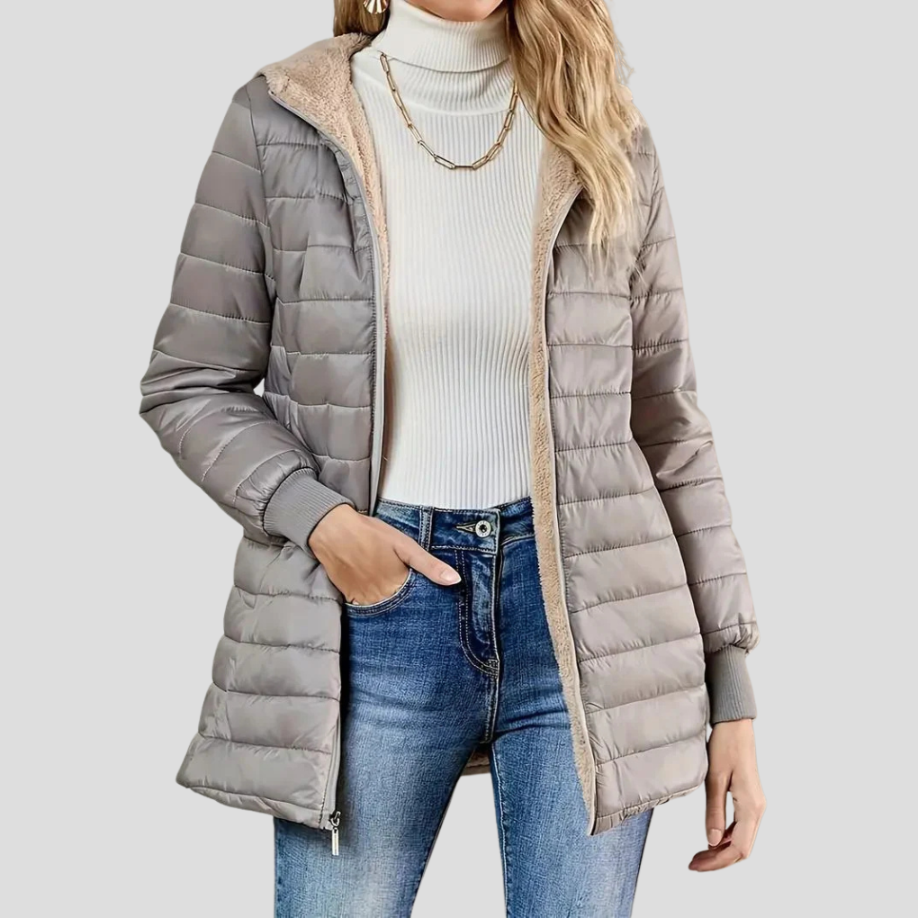 Hooded quilted puffer coat in taupe with teddy-fleece lining, zip pockets, and hood.