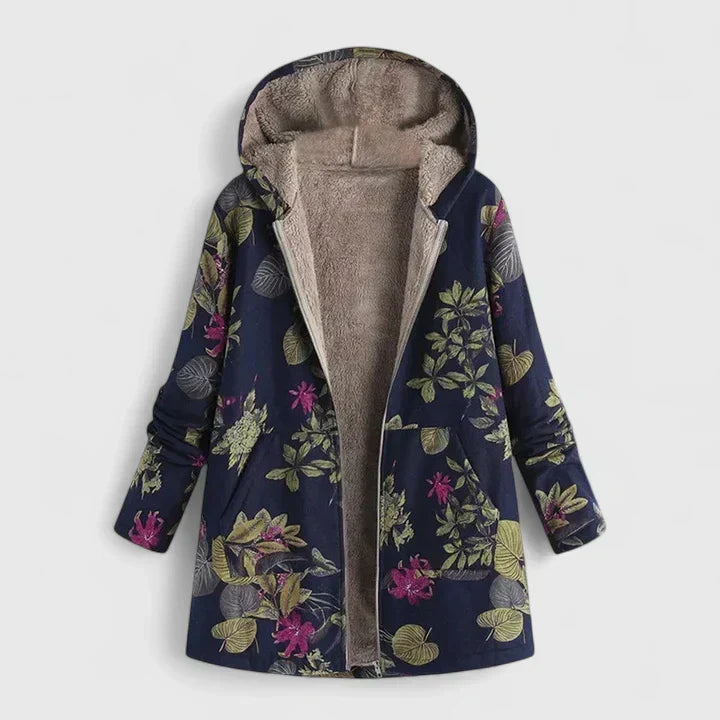 Navy floral comfortable jacket with gray hood lining and full front zipper