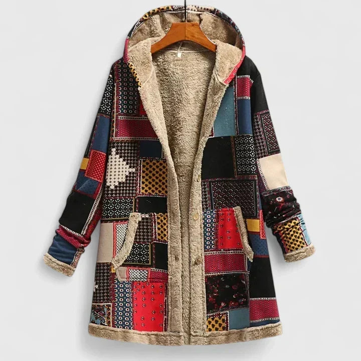 Patchwork print comfortable jacket with plush beige lining and front zipper