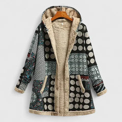 Geometric print comfortable jacket with plush beige lining and front zipper