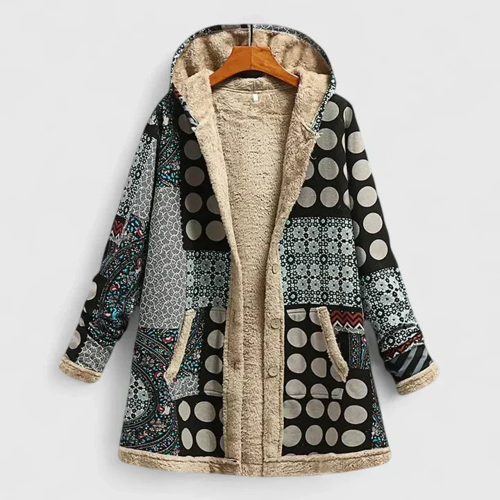 Geometric print comfortable jacket with plush beige lining and front zipper