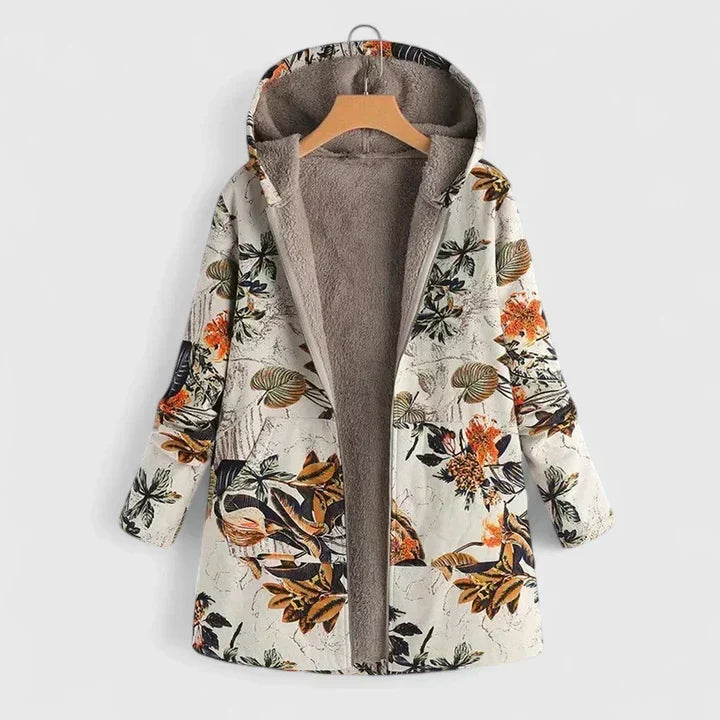 Floral print comfortable jacket with warm orange and dark leaf accents, front zip