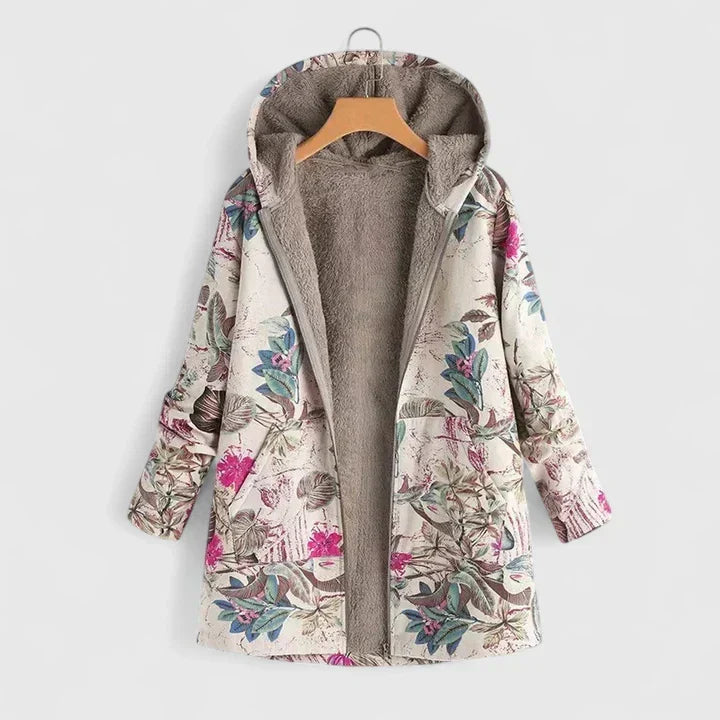 Floral print comfortable jacket with gray hood lining and full front zipper