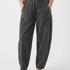 Dark grey elastic-waist denim trousers, wide leg with gathered waistband