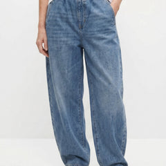 Blue relaxed elastic-waist denim trousers, wide-leg fit with side seam stitching
