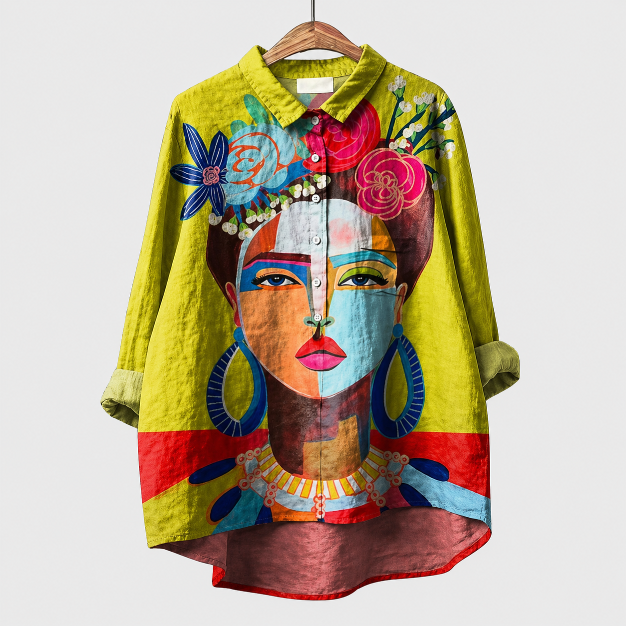 Blusa estiva gialla con stampa donna multicolore, maniche lunghe e bottoni frontali