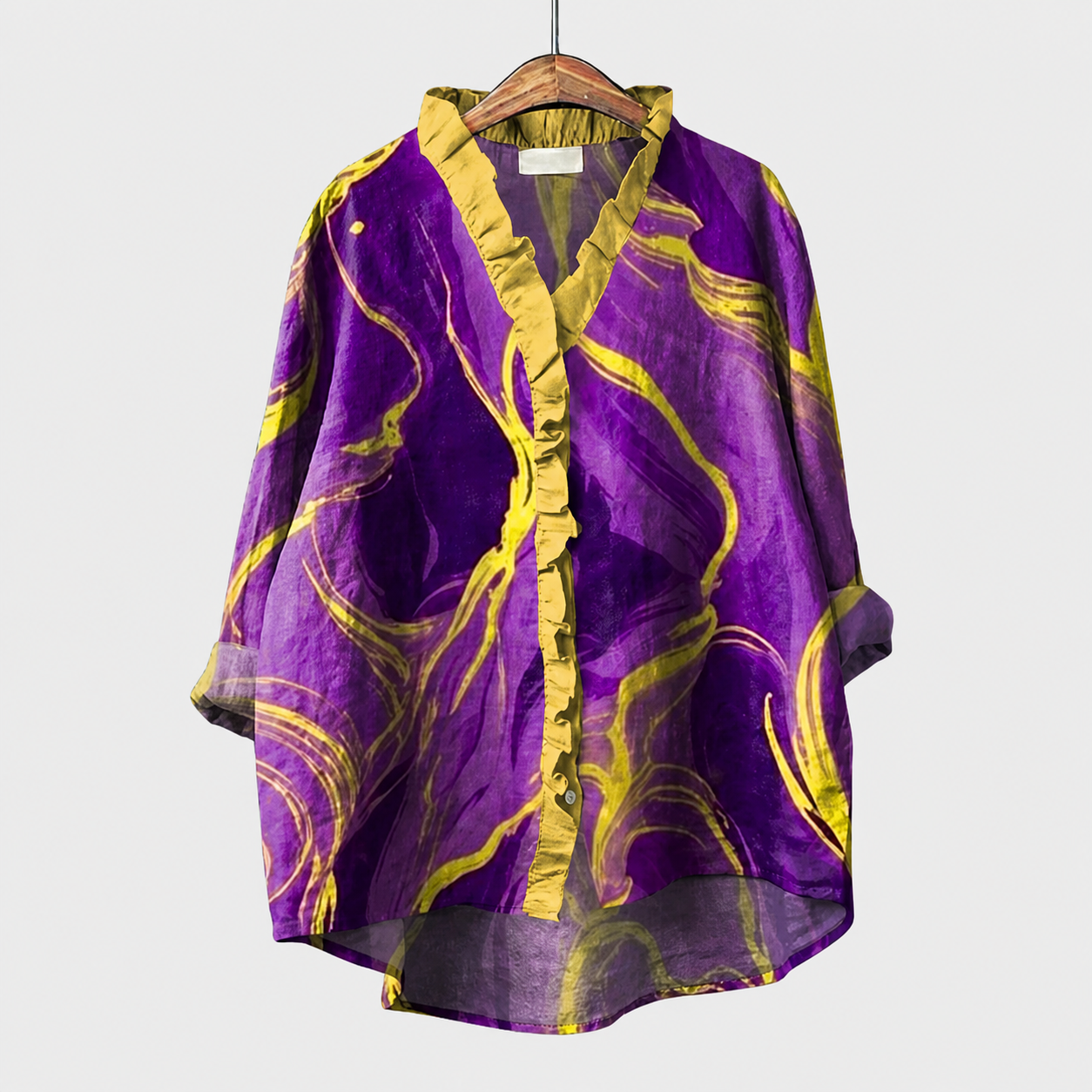Blusa estiva viola con motivo giallo, scollo a V e bottoni, maniche ampie
