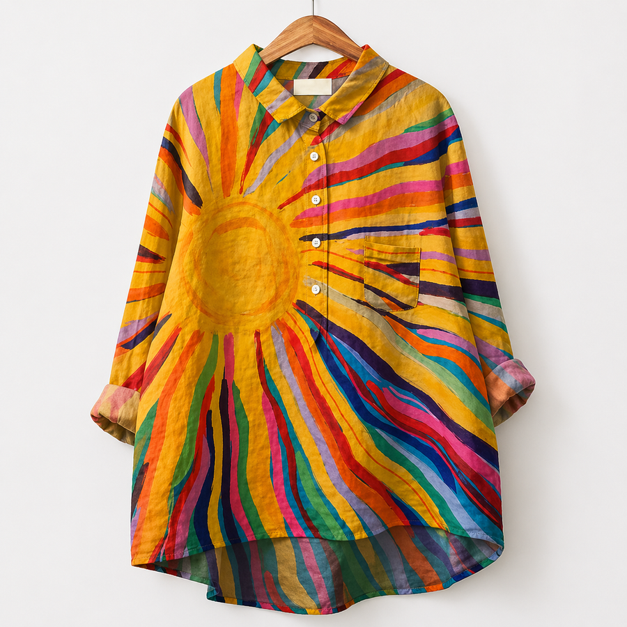 Blusa estiva multicolore con stampa a raggi, bottoni e colletto, maniche lunghe
