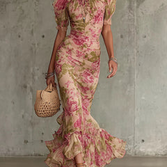 Pink floral puff-sleeve maxi dress with ruched bodice and ruffled hem