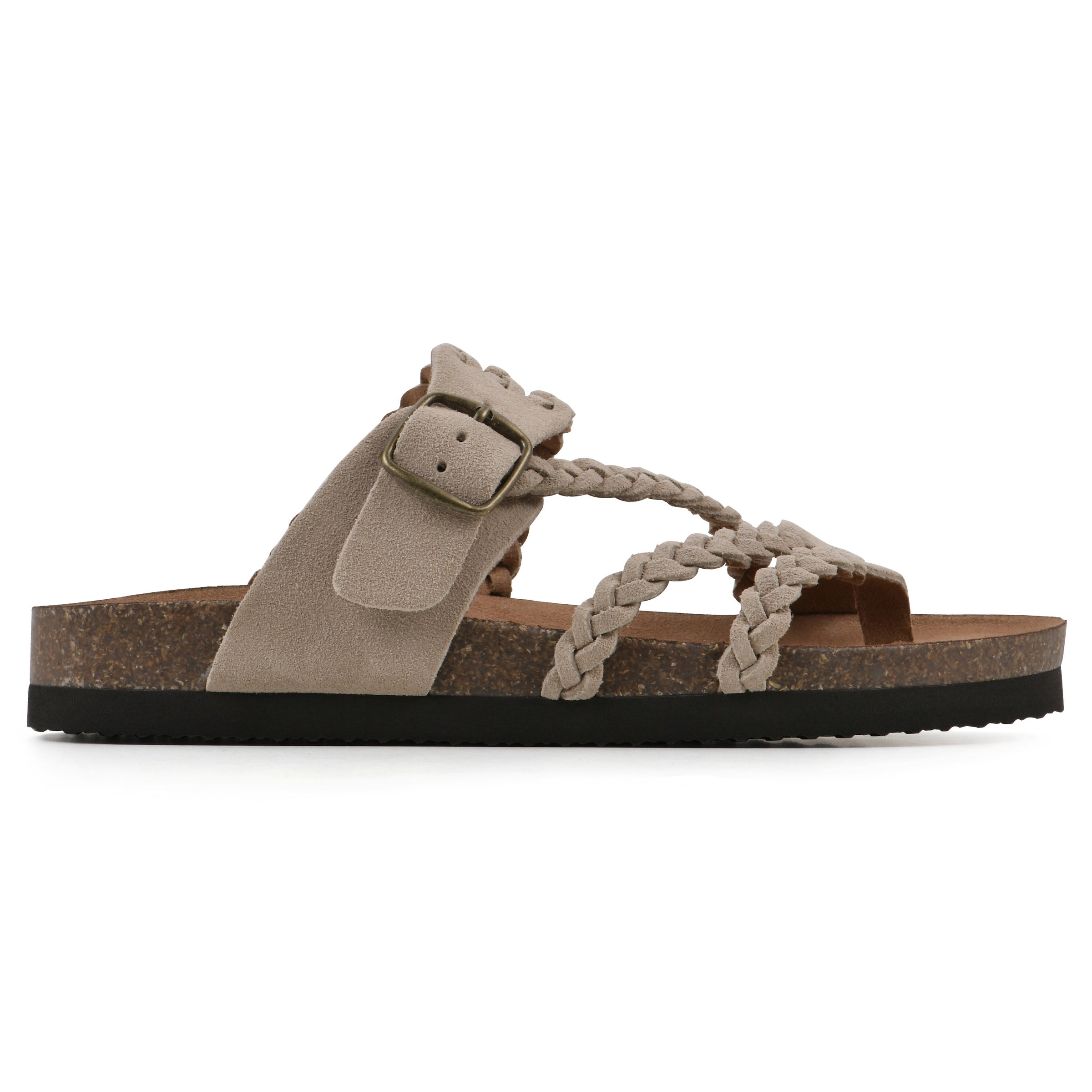 Sandali ortopedici con plantare comfort, cinturini intrecciati color taupe e fibbia