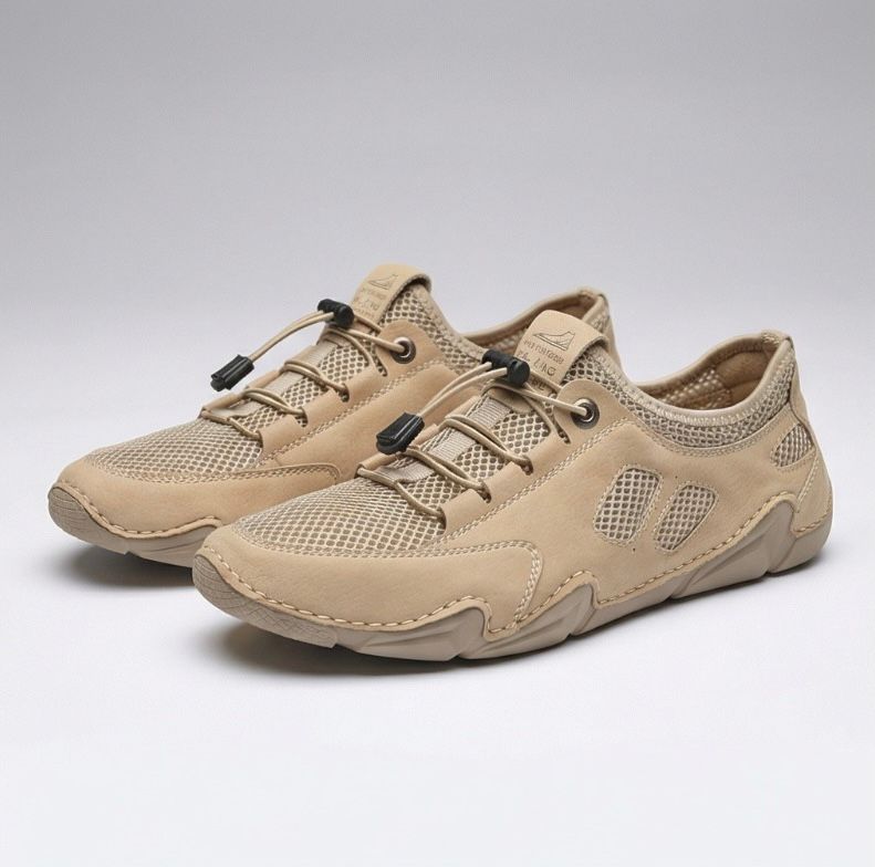 Scarpe da uomo beige con lacci e inserti traforati, suola chiara ammortizzata