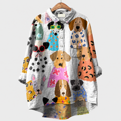 Blusa estiva bianca con fantasia di cani colorati e bottoni frontali