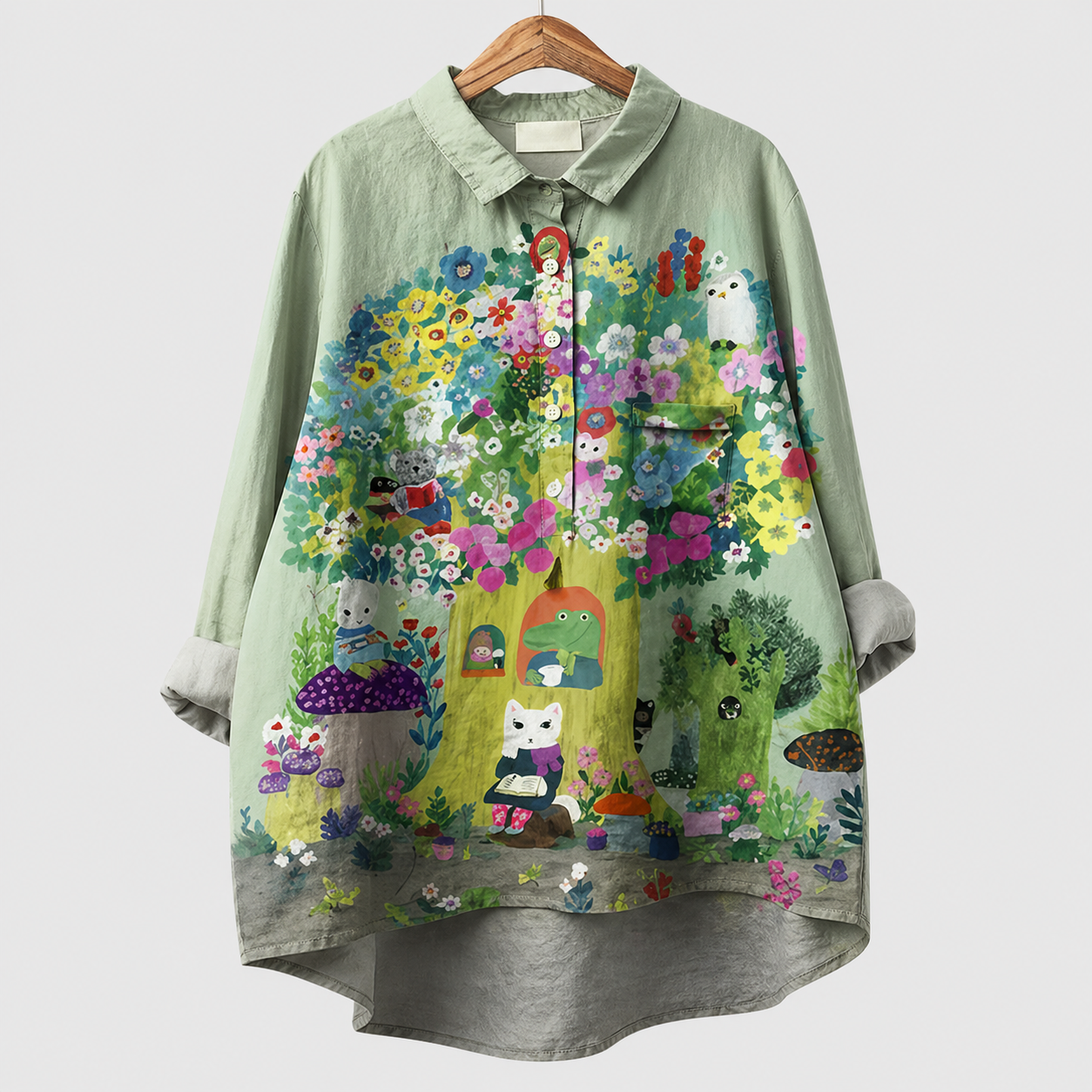 Camicia estiva elegante verde menta con stampa colorata e colletto, maniche lunghe