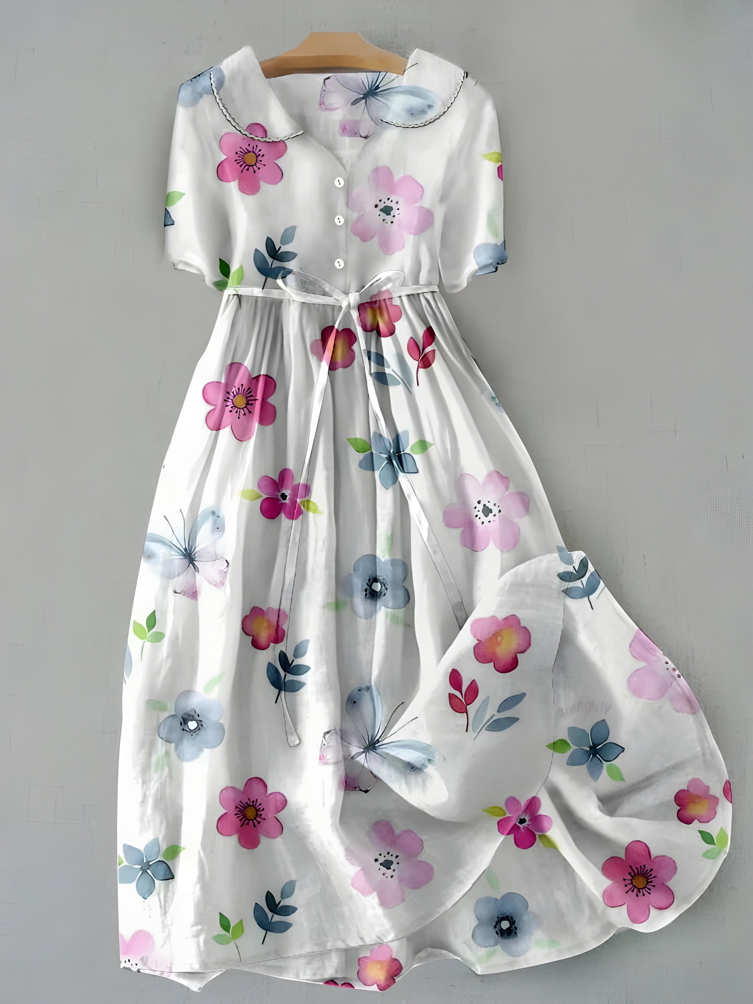 Girls white floral dress with button front, short sleeves, gathered waist