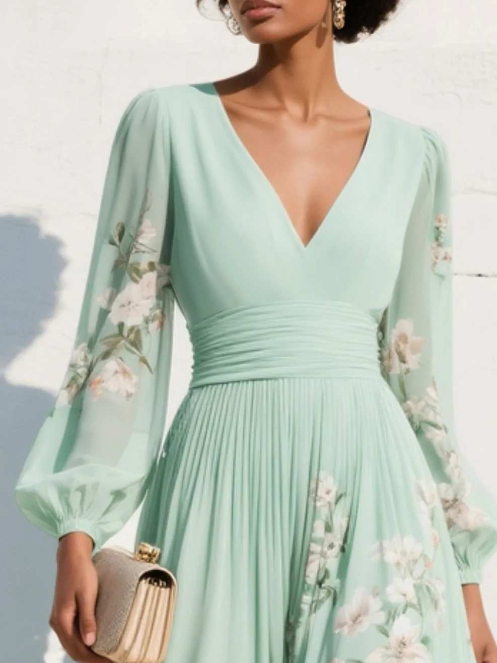 Abito midi verde chiaro floreale con scollo a V, vita arricciata e maniche velate