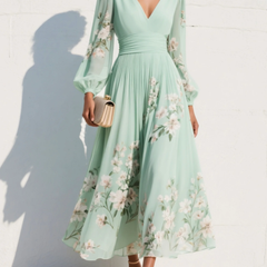 Abito midi verde chiaro floreale, scollo a V e gonna ampia con maniche a sbuffo