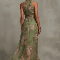 Abito maxi halter verde menta con fiori rosa, retro con fascia incrociata e gonna ampia