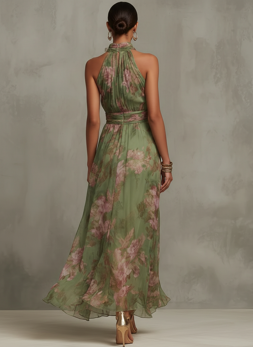 Abito maxi halter verde menta con fiori rosa, retro con fascia incrociata e gonna ampia