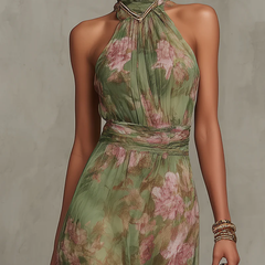 Abito maxi halter verde menta con fiori rosa, scollo alto annodato e spalle scoperte