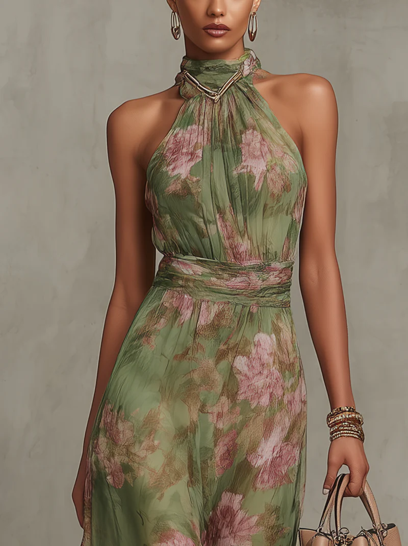 Abito maxi halter verde menta con fiori rosa, scollo alto annodato e spalle scoperte
