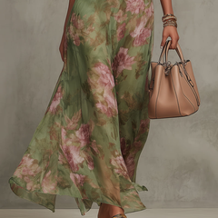 Abito maxi halter verde menta con stampa floreale rosa, gonna lunga leggera svasata