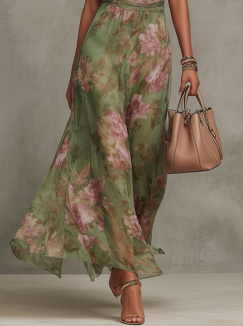 Abito maxi halter verde menta con stampa floreale rosa, gonna lunga leggera svasata