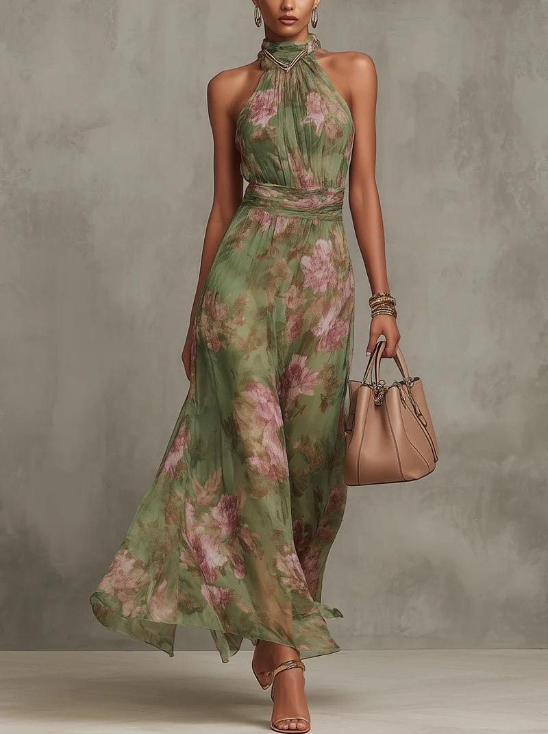 Green floral chiffon halter maxi dress with gathered bodice and flowing skirt