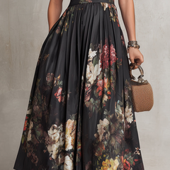 Black floral satin midi dress pleated skirt detail, sleeveless bodice