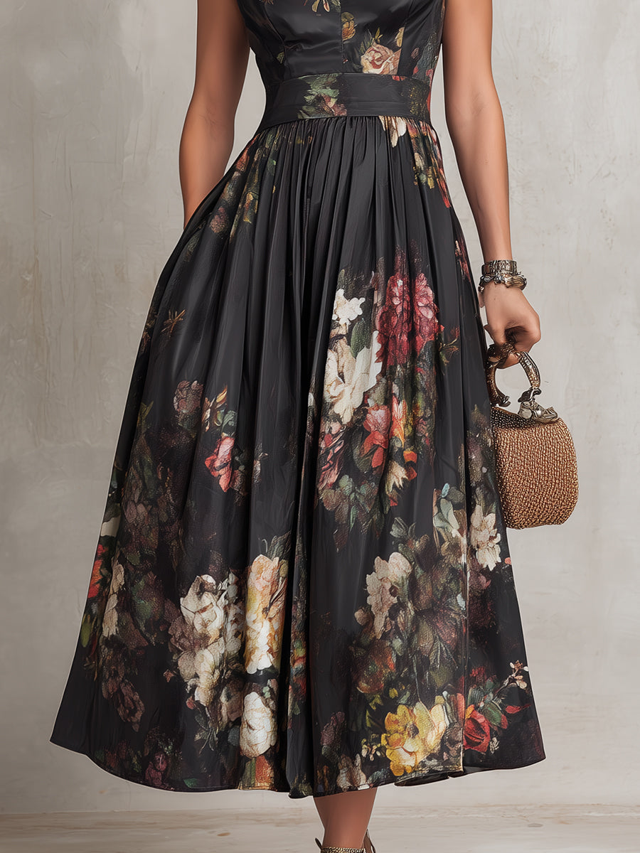 Black floral satin midi dress pleated skirt detail, sleeveless bodice