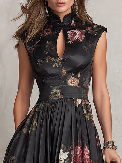 Black Keyhole Floral Midi Dress