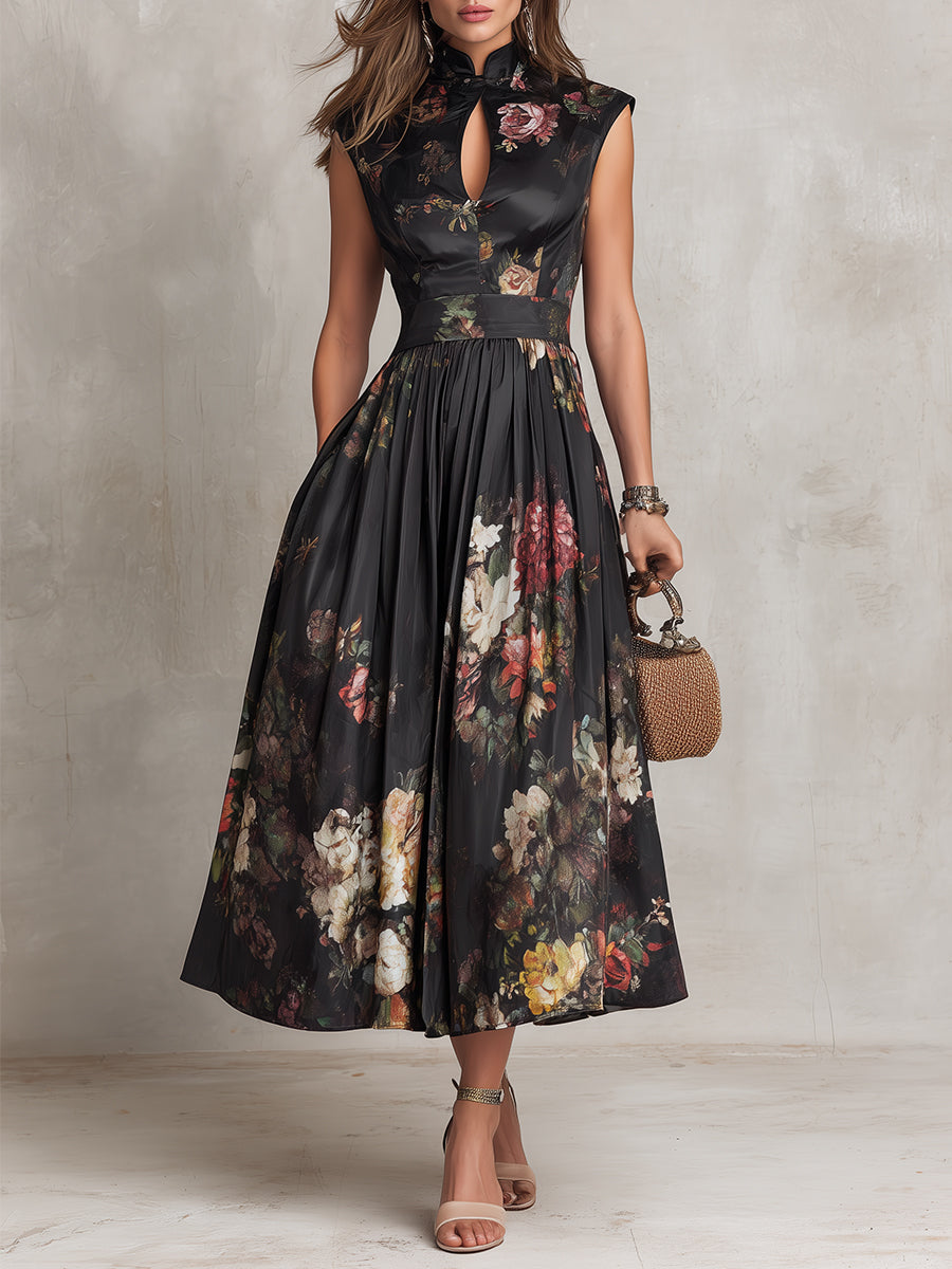 Black satin midi dress with pleated skirt, floral print, sleeveless keyhole neckline