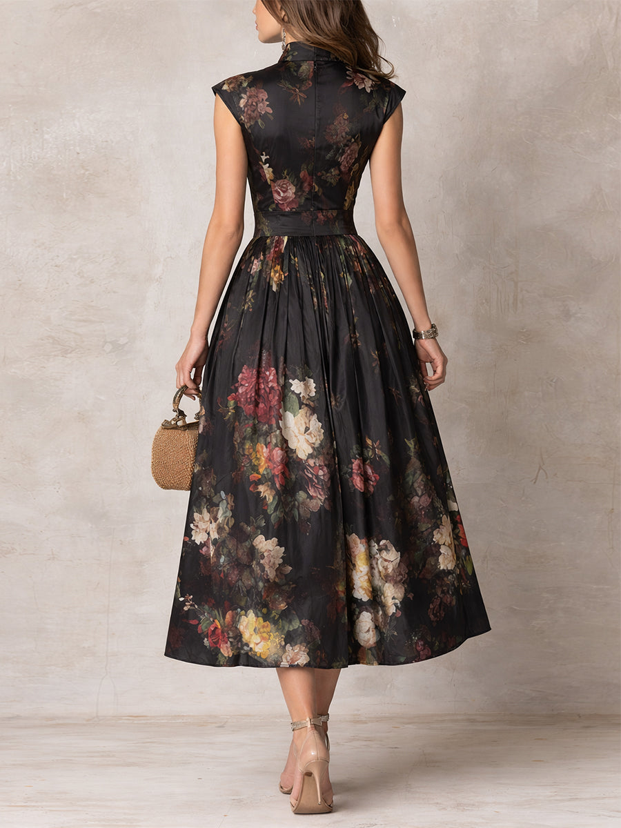 Black Keyhole Floral Midi Dress