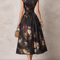 Black floral satin midi dress with pleated skirt, sleeveless high back