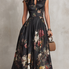Black satin midi dress with floral print, pleated waist, sleeveless keyhole neckline