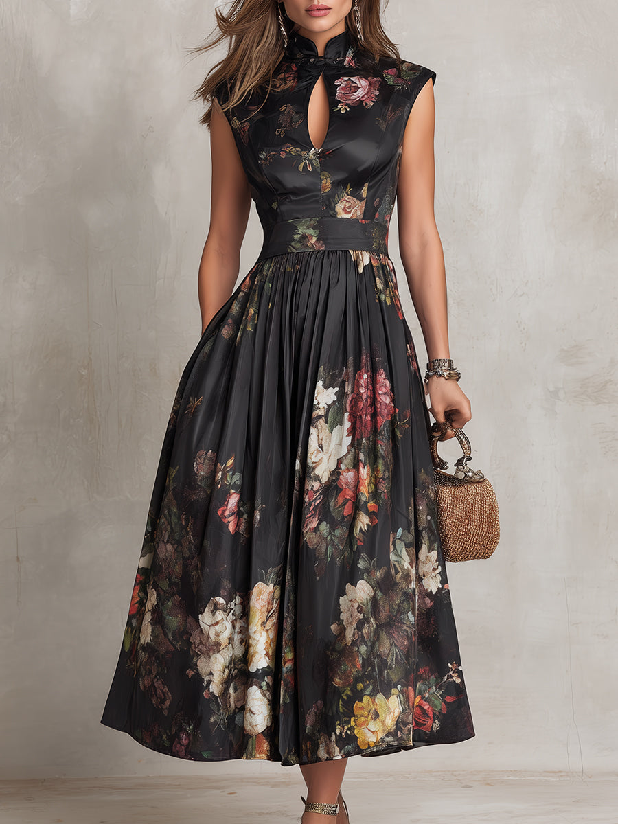 Black satin midi dress with floral print, pleated waist, sleeveless keyhole neckline