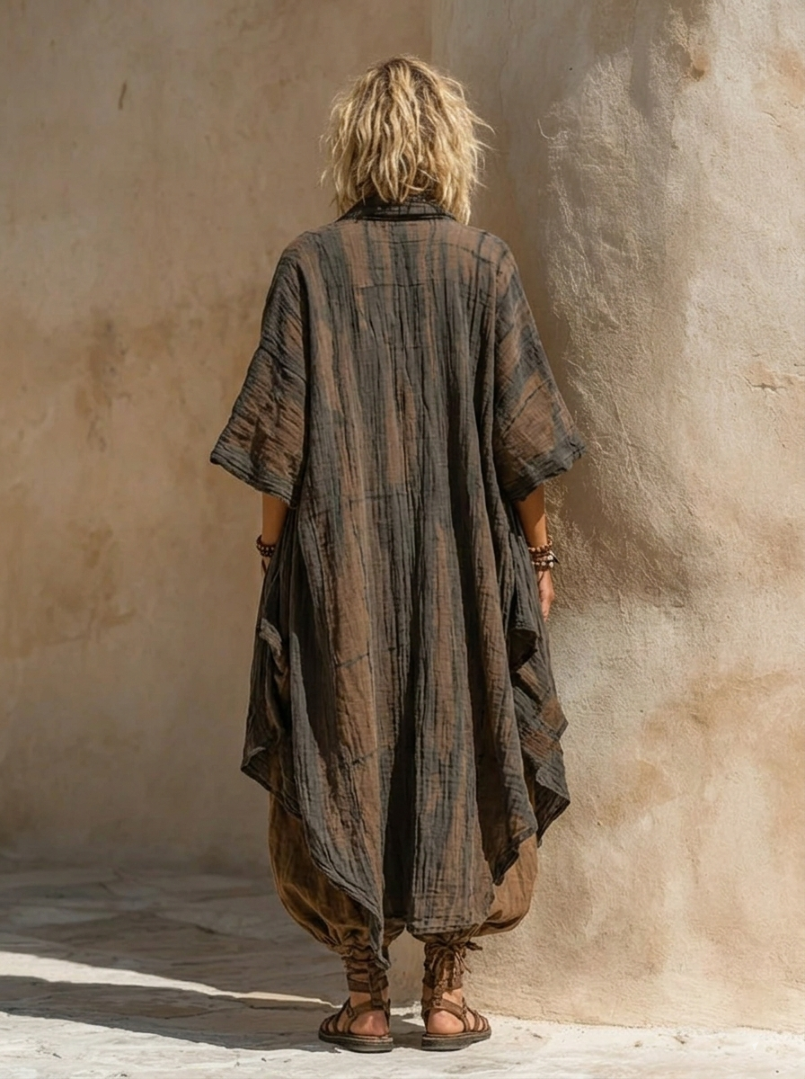 Set boho nomad: kimono scuro lungo e pantaloni ampi marroni (retro)