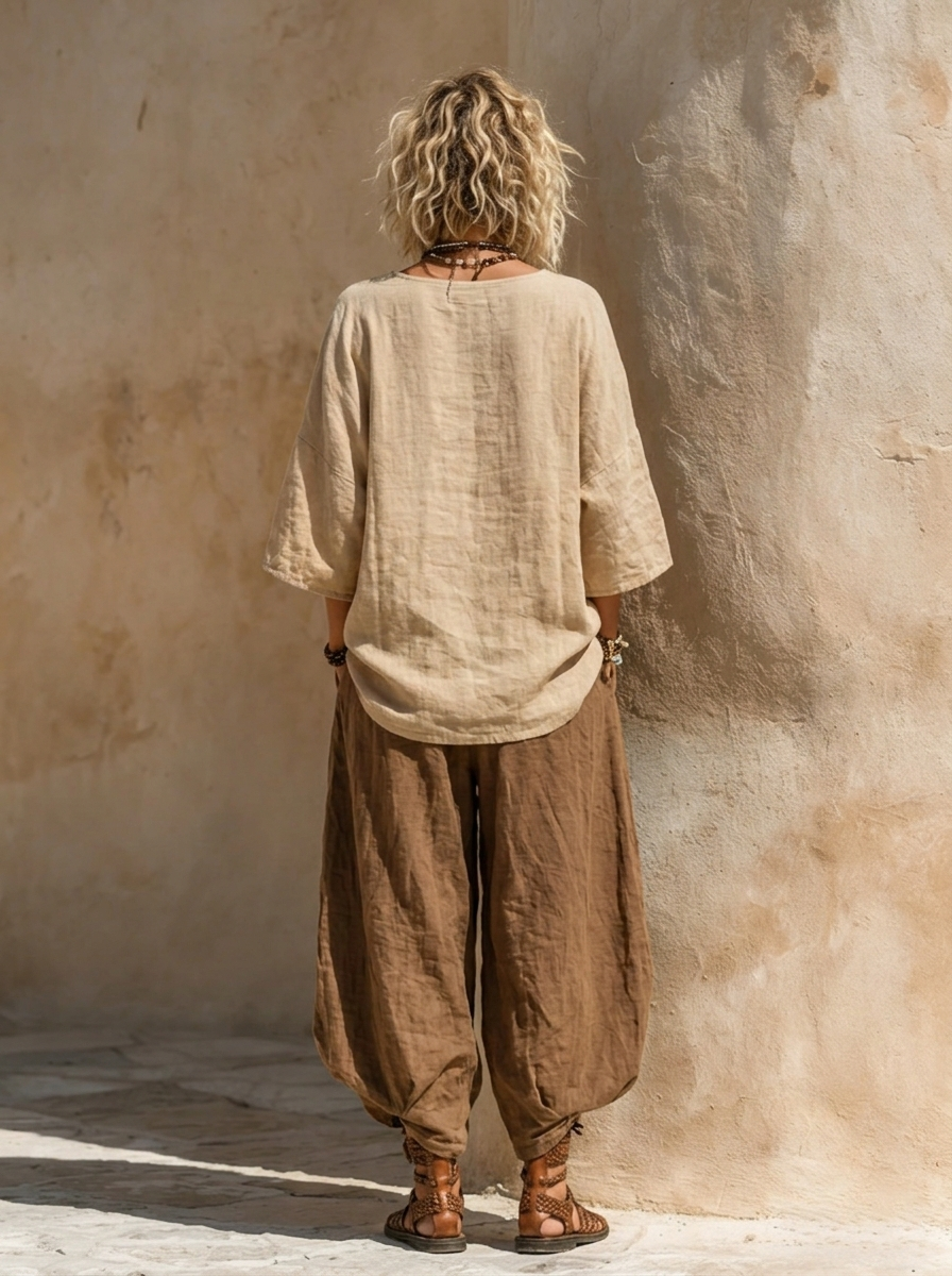 Set boho nomad: tunica crema con maniche larghe e pantaloni ampi marroni (retro)