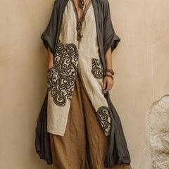 Bohemian three-piece set with dark gray kimono, tribal panel, and brown wide-leg pants