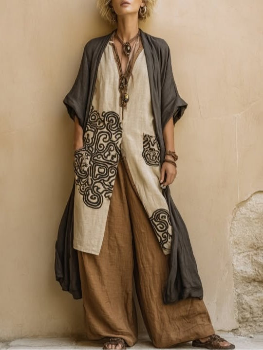 Bohemian three-piece set with dark gray kimono, tribal panel, and brown wide-leg pants