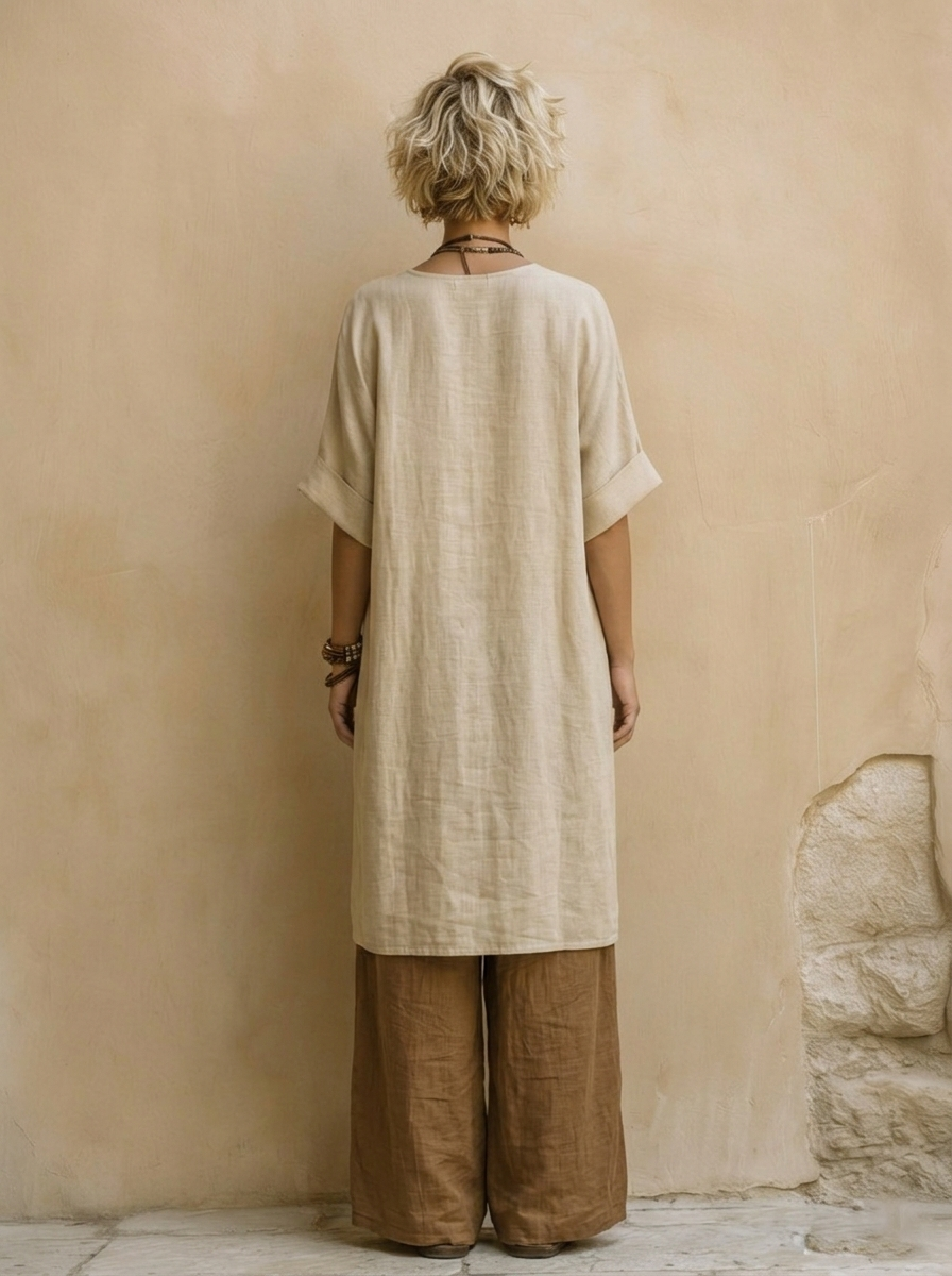 Linen tunic with short sleeves and brown wide-leg pants, back view